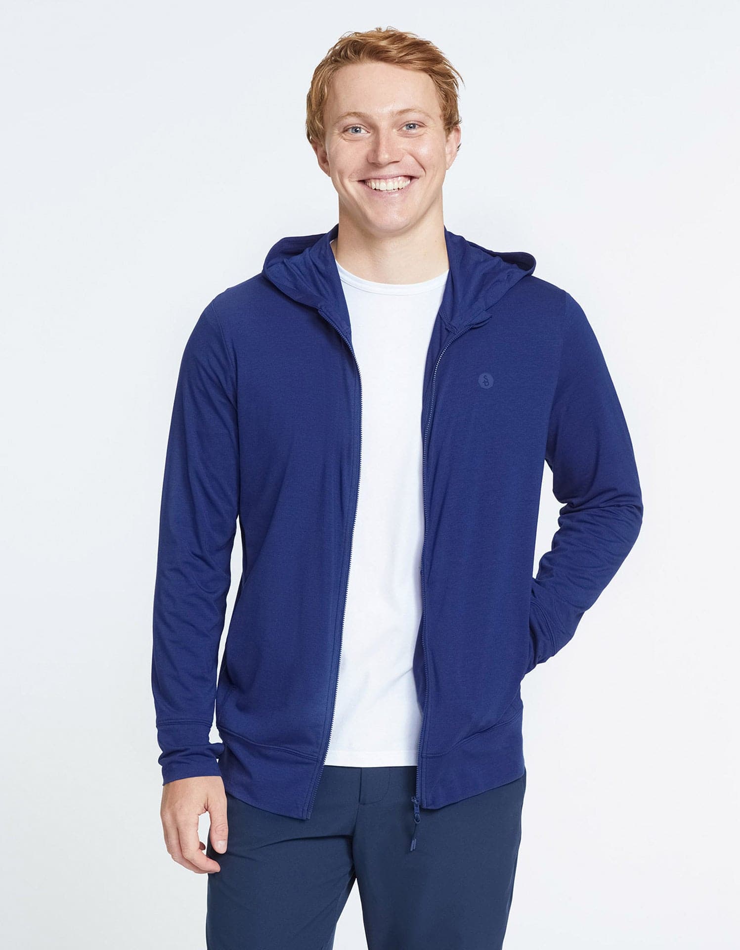 UPF50+ Summer Essential Hooded Zip Top Sensitive Collection | Mens Sun Protective Tops Navy